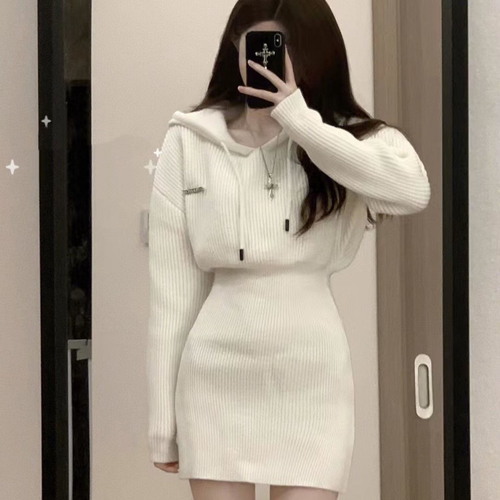 Đầm Sweater Dệt Kim Có Mũ Trùm Kiểu Phương Tây Thời Trang Mùa Thu