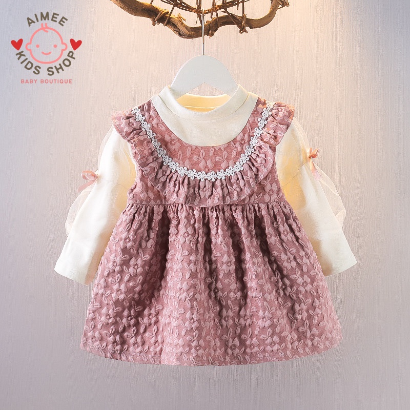Váy tiểu thư dập hoa nổi thu đông ấm áp cho bé gái-V01