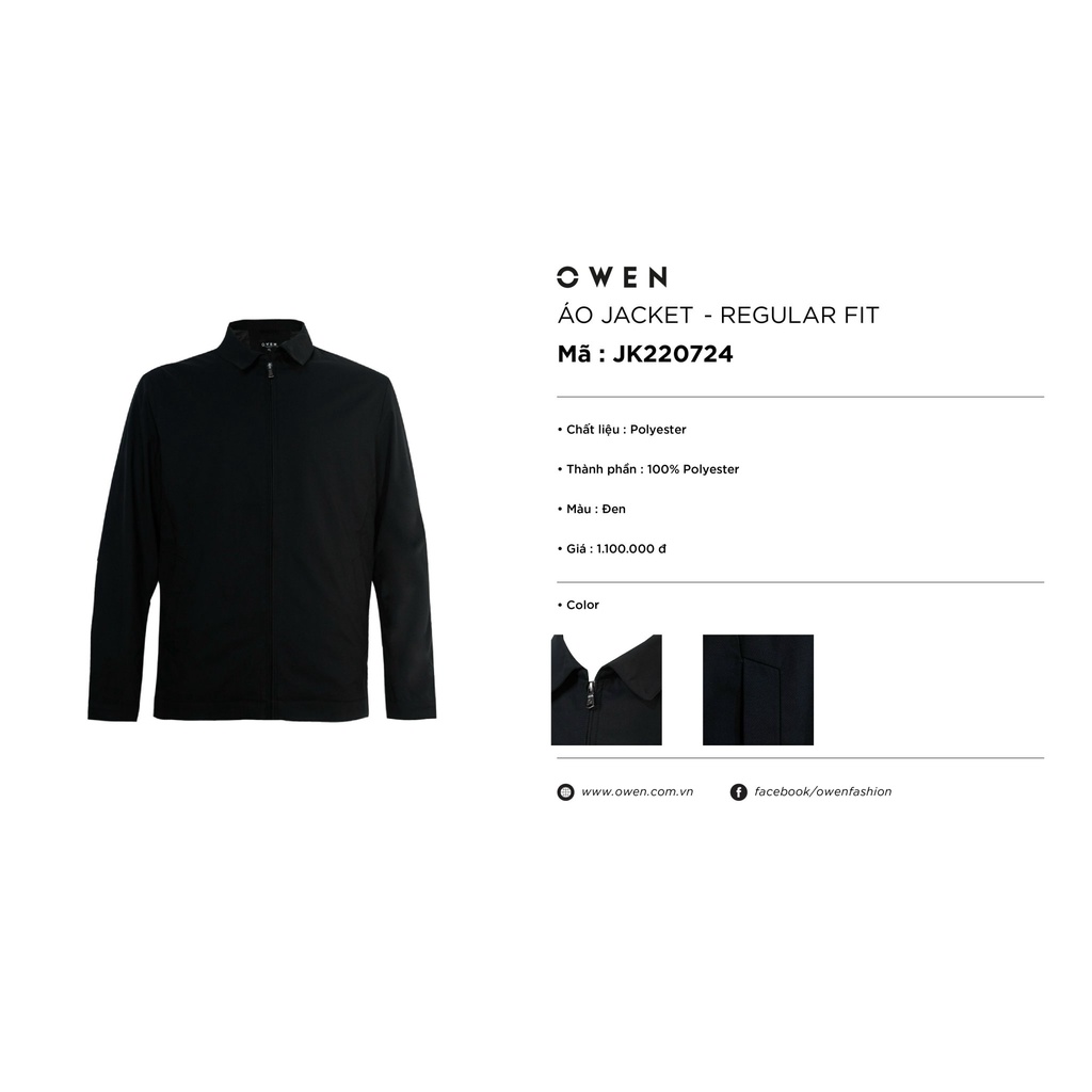 Áo khoác gió Nam Owen JK220724 Jacket 2 lớp dáng suông bẻ lịch sự Màu đen trơn vải polyester Cao Cấp bền màu sắc nét
