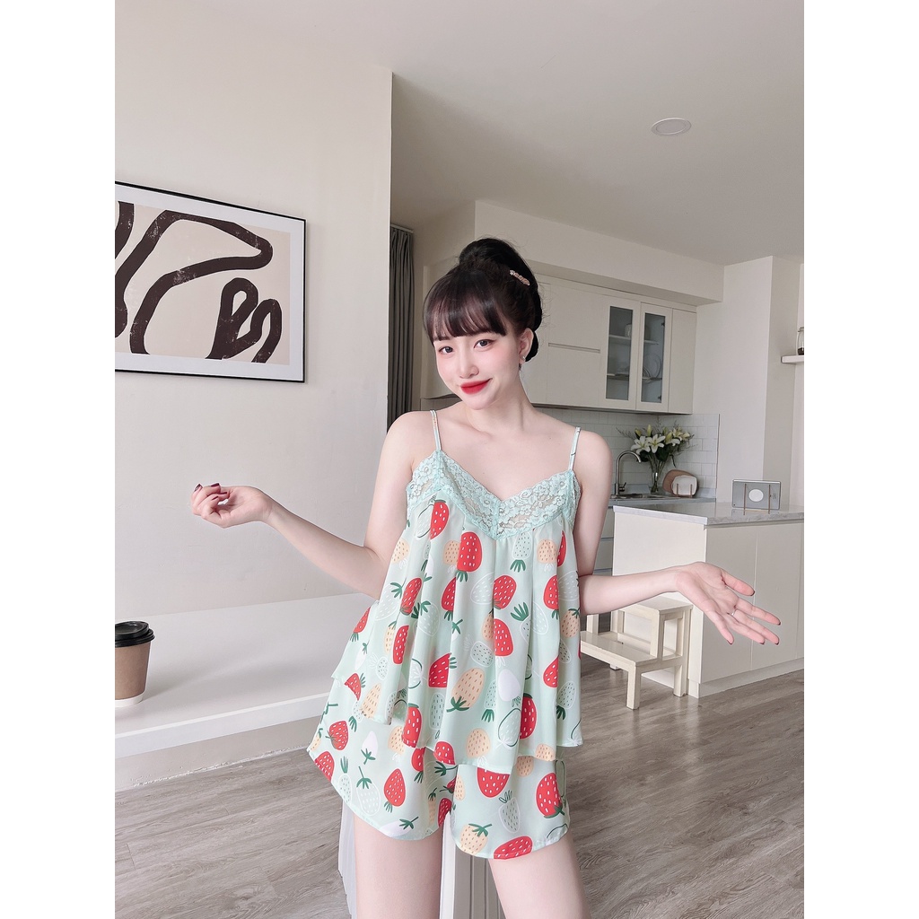 Đồ Ngủ Sexy Nữ, Bộ Ngủ Hai Dây MAngo Hoa Ren Ngực Freesize 40-65Kg