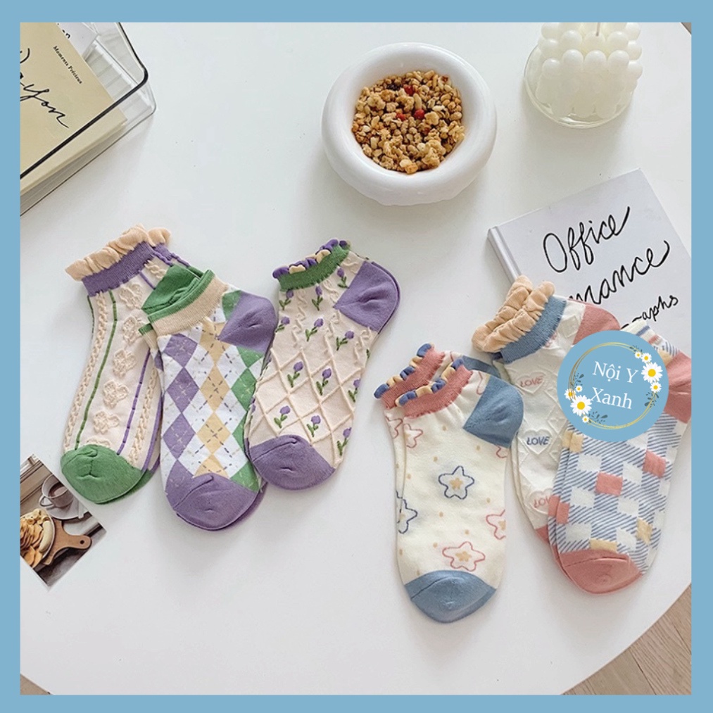 Tất vớ nữ thổ cẩm cổ bèo vật liệu vải Hàn giãn nở bốn chiều,họa tiết kute phong thái hiện đại nội y xanh, chất ấm, thoán