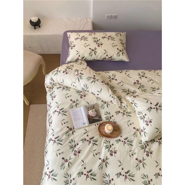 Bộ vỏ chăn ga giường 4 món 100% cotton, cotton living hoa nhí