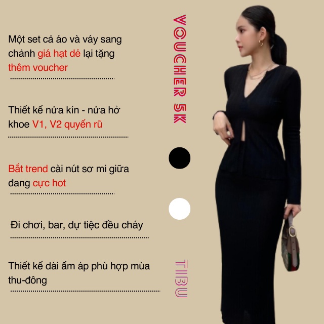 Set bộ nữ áo dài tay thun gân cổ chữ V TIBU Đầm body dáng ôm kèm áo siêu xinh sexy dành cho các nàng đi chơi, dạo phố