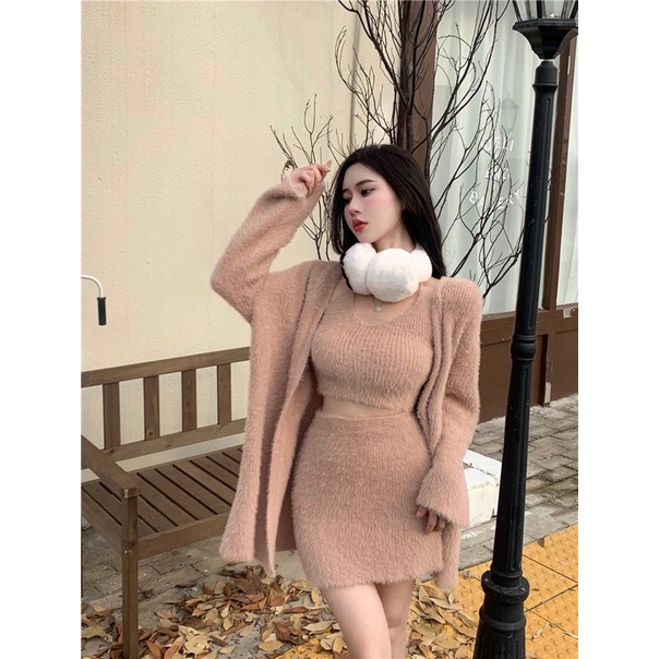 Set Len Lông Thỏ Siêu Mịn Body Áo Yếm + Chân Váy Và Áo Khoác Có Bán Rời