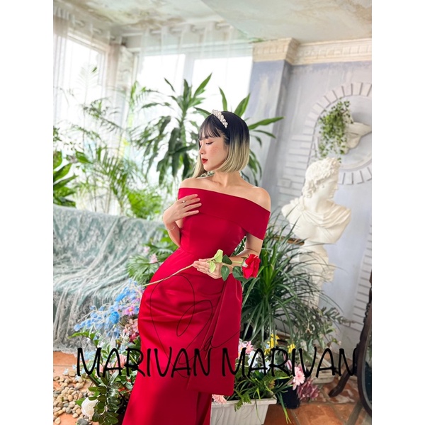 Đầm cưới MARIVAN đuôi cá xẻ phối vây 2in1 đỏ thắm