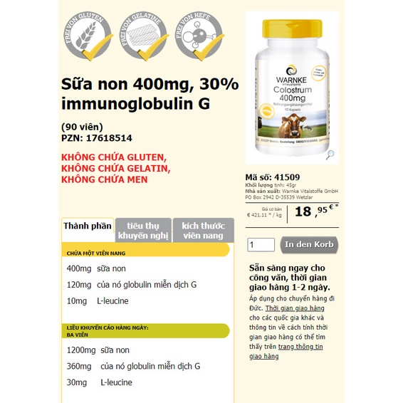 Sữa non hàm lượng cao hỗ trợ TĂNG TIẾT SỮA  #Warnke41509 COLOSTRUM 400MG 90 viên