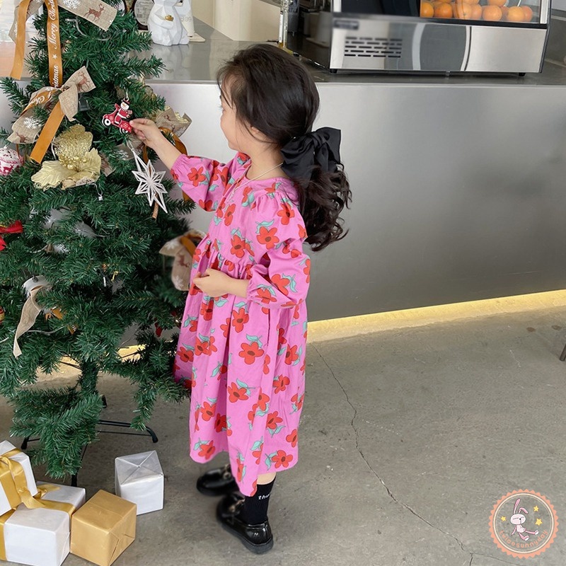 Đầm Tay Dài Cổ Tròn In Hoa Cho Bé Gái