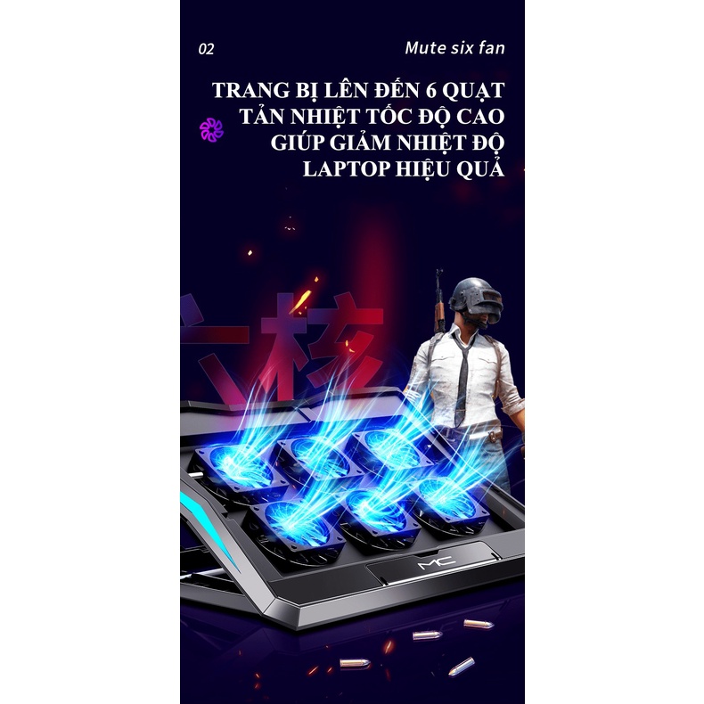 Quạt tản nhiệt laptop MC Q3 trang bị 6 quạt với tốc độ gió cực mạnh không tạo ra tiếng ồn khi sử dụng - NK