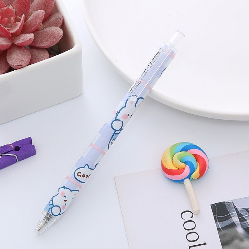 Bút Bi Bấm màu pastel 0.5mm cute dễ thương, bút gel bấm mực đen nhanh khô Ếch Ộp Vpp