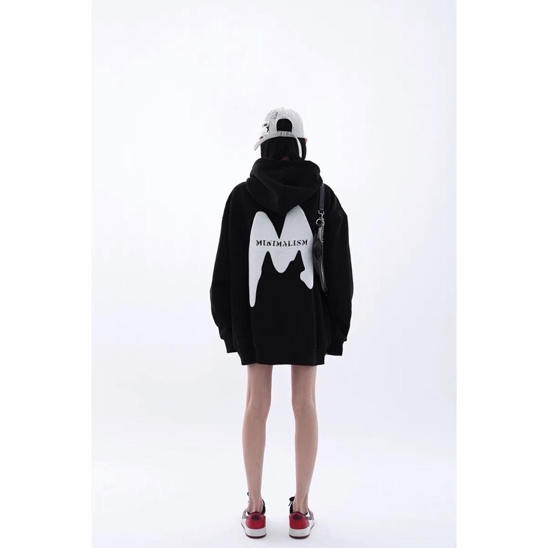 Áo hoodie nỉ bông mũ 2 lớp dây rút.tay bồng có túi in chữ M