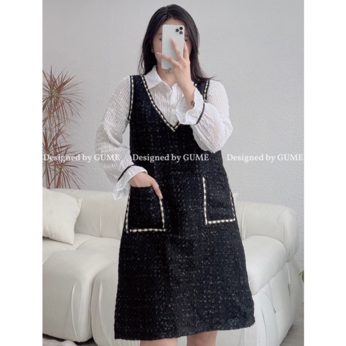 Váy bầu bigsize - Đầm bầu thiết kế GuMe mặc Tết DẠ TWEED MÀU ĐEN CỔ ĐỨC GIẢ YẾM SIZE TỪ 40-100KG MB194_ảnh thật