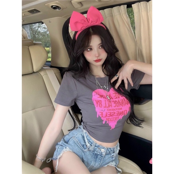 Áo croptop nữ ôm body cổ tròn tay ngắn phong cách hàn quốc in hoạ tiết trái tim lửa