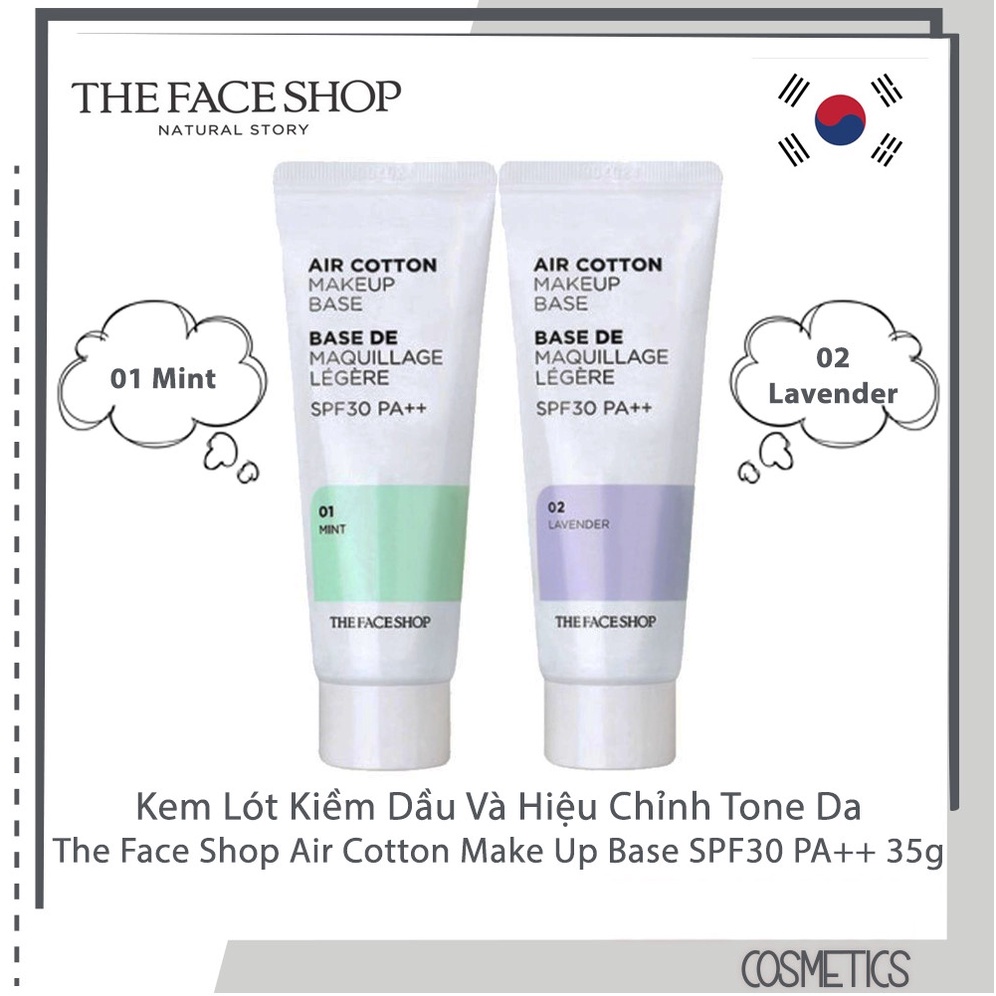 Kem lót Air Cotton Make Up Base SPF30 PA++ The Face Shop (35g) Xanh mint / Tím laverder