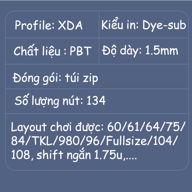 XDA Mèo Chi, nhựa PBT dày 1.5mm in nhiệt dyesub, 134 nút bàn phím cơ