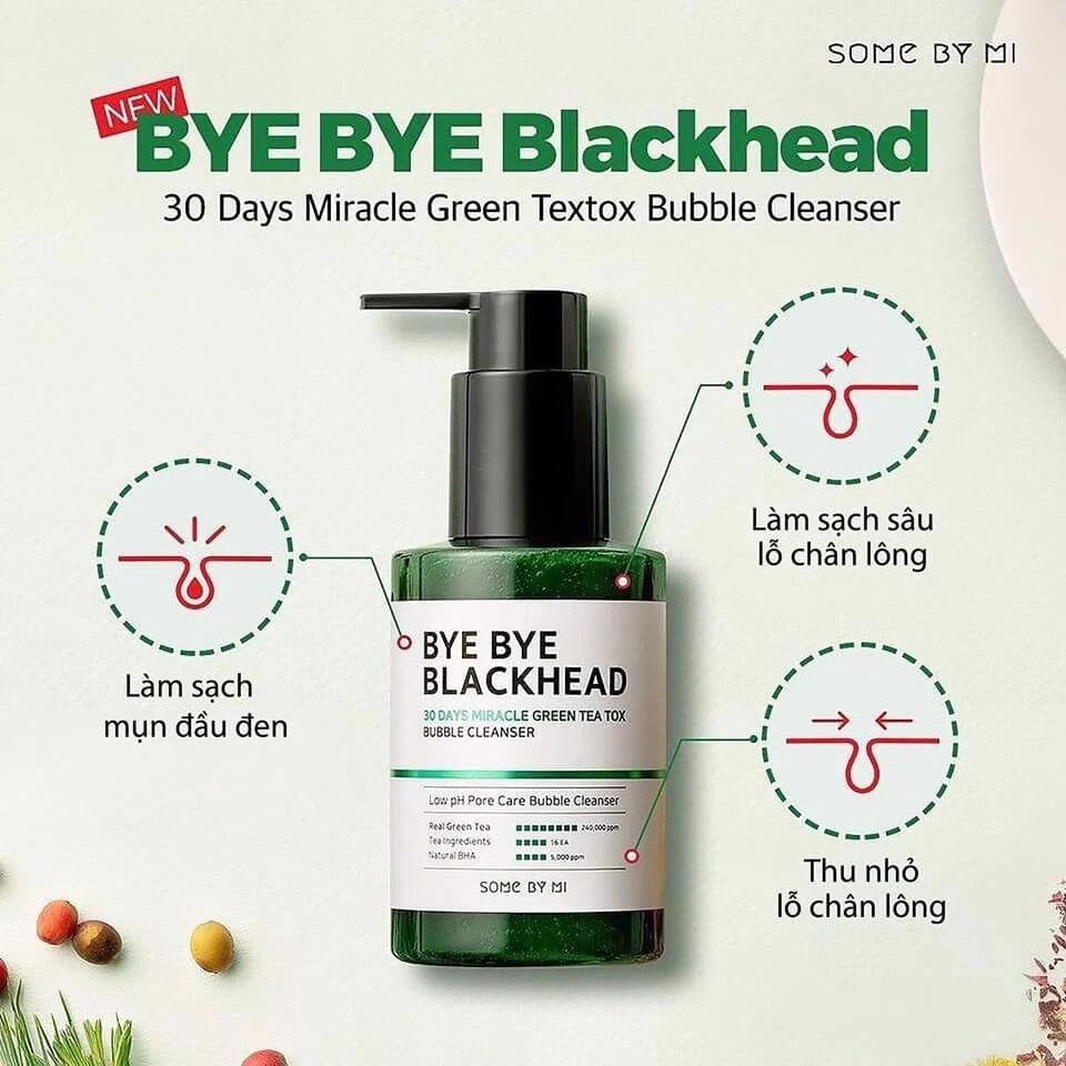 Sữa Rửa Mặt Sủi Bọt Loại Bỏ Mụn Đầu Đen Some By Mi Bye Bye Blackhead 30 Days Miracle Green Tea Tox Bubble Cleanser 120g