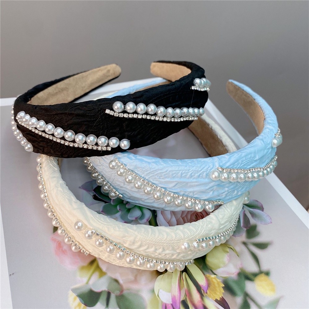 Băng Đô Cài Tóc Bản Rộng Viền Xốp Đính Hạt Ngọc Trai Dễ Thương Cho Bé Gái