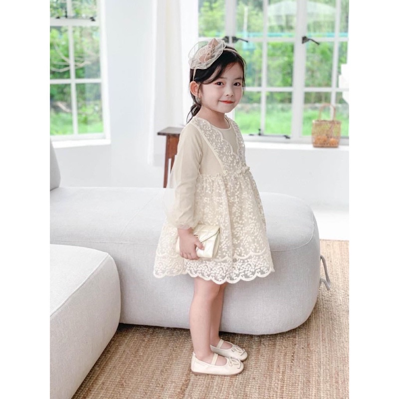 (13-28kg) Đầm ren trắng tay dài phối thun siêu tiểu thư cho bé gái chất đẹp (hàng loại 1)