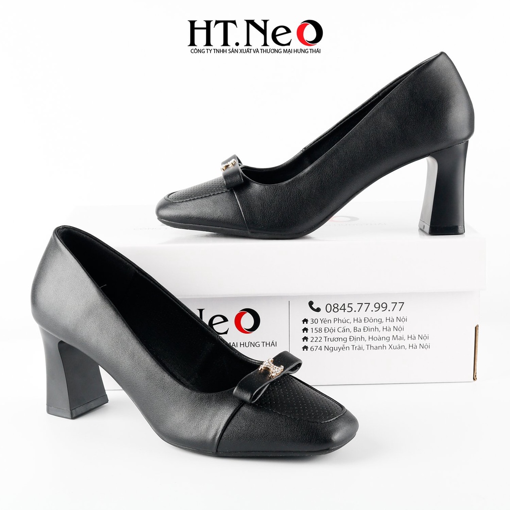 Giày cao gót đế vuông 7cm HT.NEO da bò siêu mềm, Nơ đính đá sang trọng, thanh lịch và vô cùng chắc chắn CS270