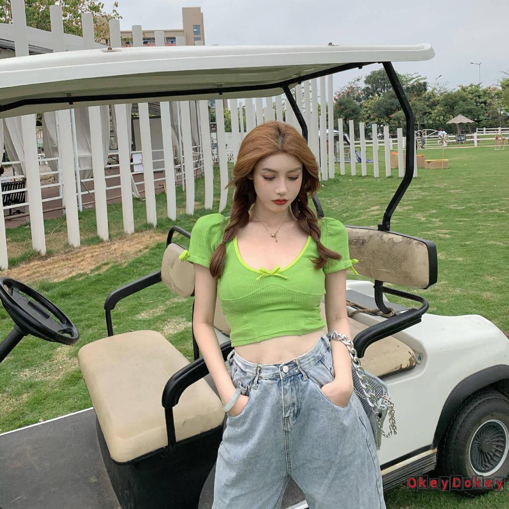 Áo Croptop Ngắn Tay Cổ Chữ U Thắt Nơ Thời Trang Cho Nữ