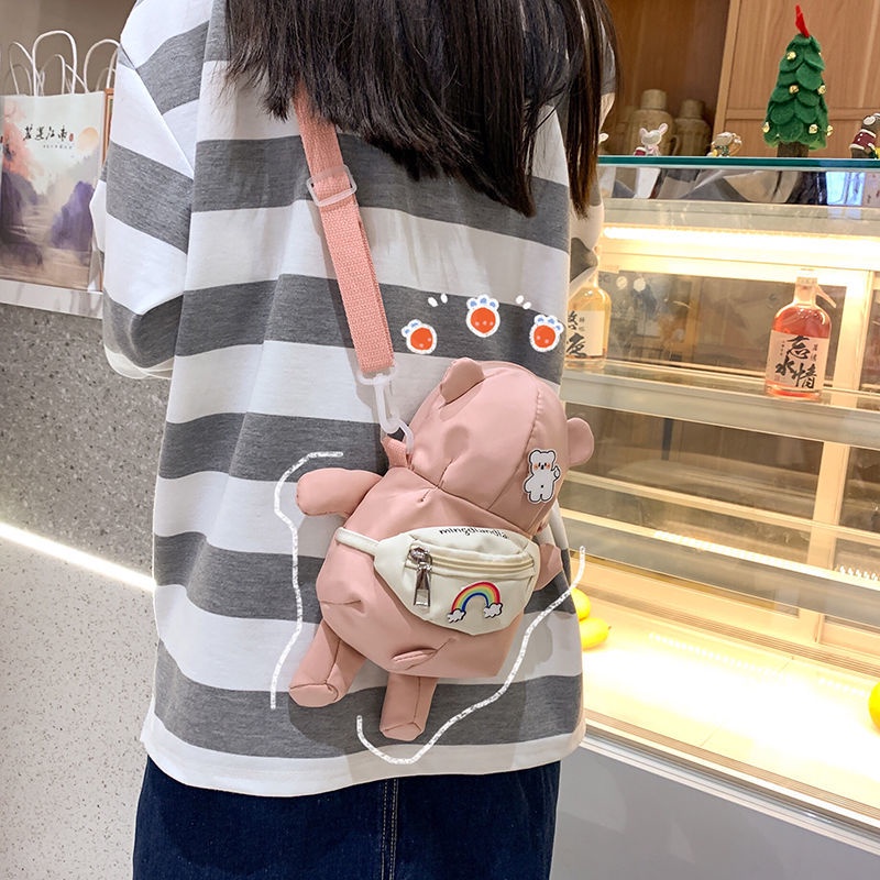 Túi Đeo Chéo Canvas In Hình Gấu Dễ Thương Phong Cách Harajuku Nhật Bản