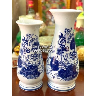 Lọ hoa thờ men lam vẽ sen, bình bông cắm hoa thờ cúng men xanh