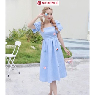 Đầm nữ VM Shop dáng xòe tay phồng cổ vuông nhún ngực đính hoa VM33 VDU00209