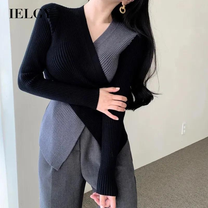 IELGY    Ladies V-neck Contrast Color Waist Irregular Knitted Sweater Long Sleeve