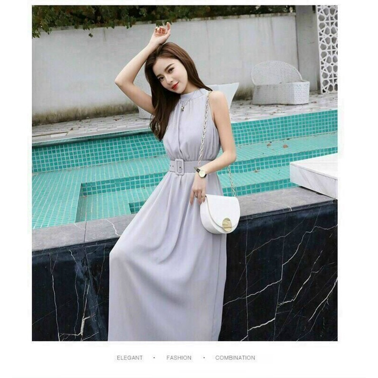 Đầm Maxi Cổ Yếm Đầm Dáng Dài Cổ Trụ Không Tay Kèm Nịt Eo Chun Màu Đen /Xám
