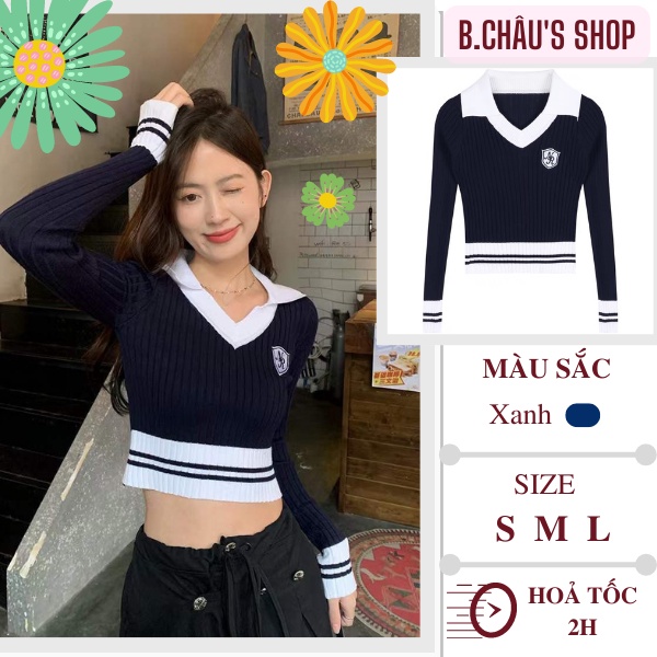 Croptop len cổ V năng động trẻ trung | Áo len sọc dài tay mỏng cổ polo thêu huy hiệu thu đông