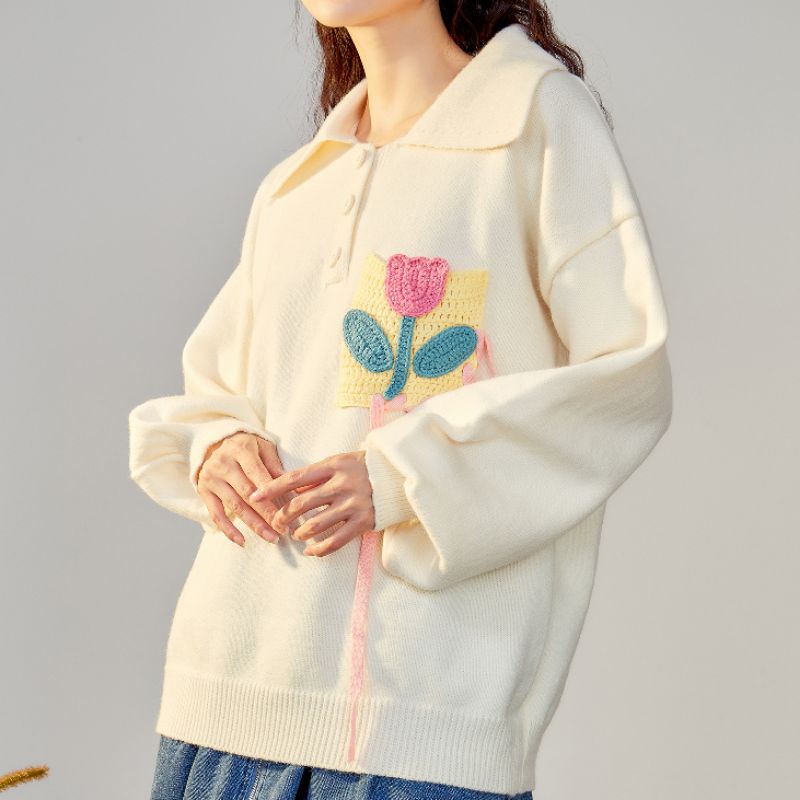 Áo len polo đính cúc đan hình hoa tulip. Áo len dáng rộng