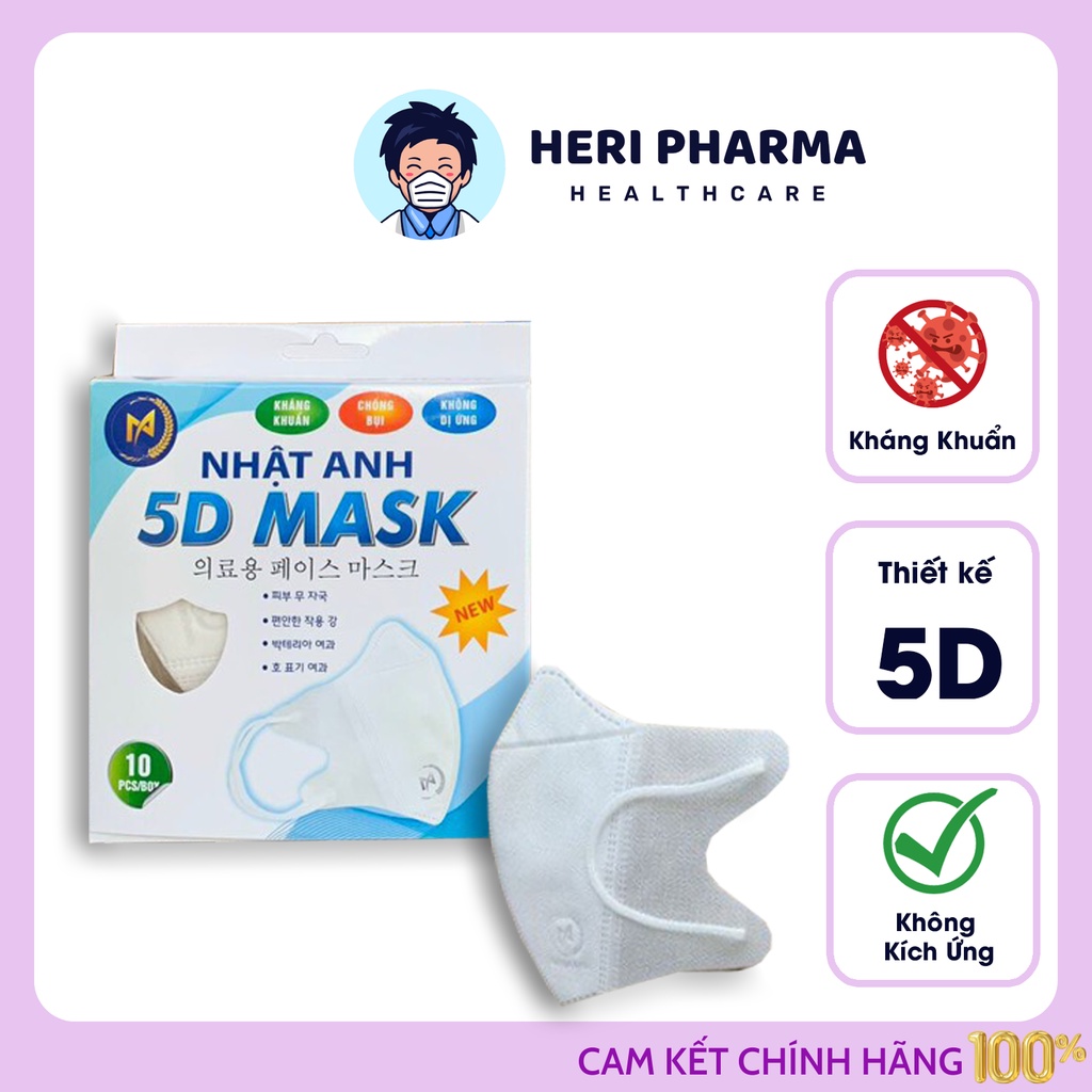 Khẩu trang y tế 5D Mask Nhật Anh kháng khuẩn, ngăn bụi mịn, dày 3 lớp, quai thun chắc chắn, hợp thời trang an toàn