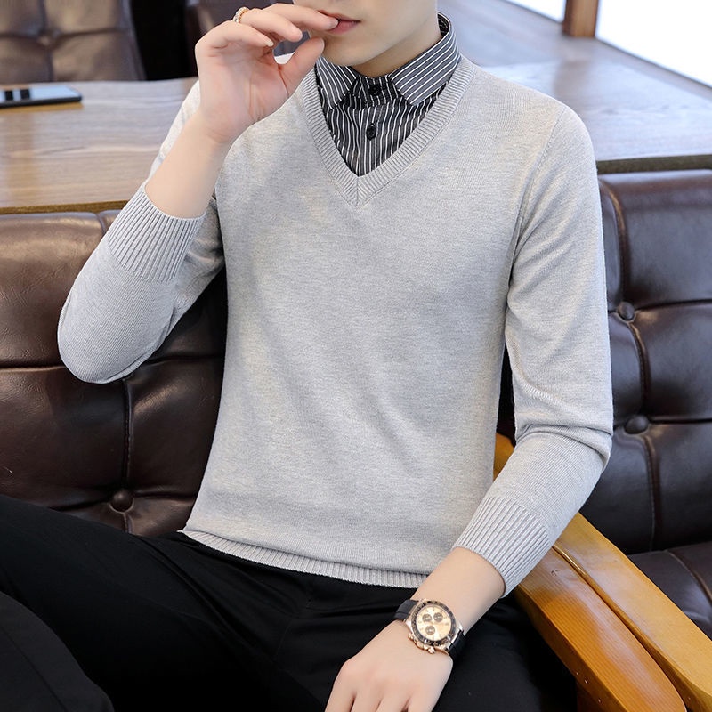 # Áo Len Nam# Áo Sweater Cotton Giả Hai Lớp Màu Sắc Đơn Giản Cho Nam
