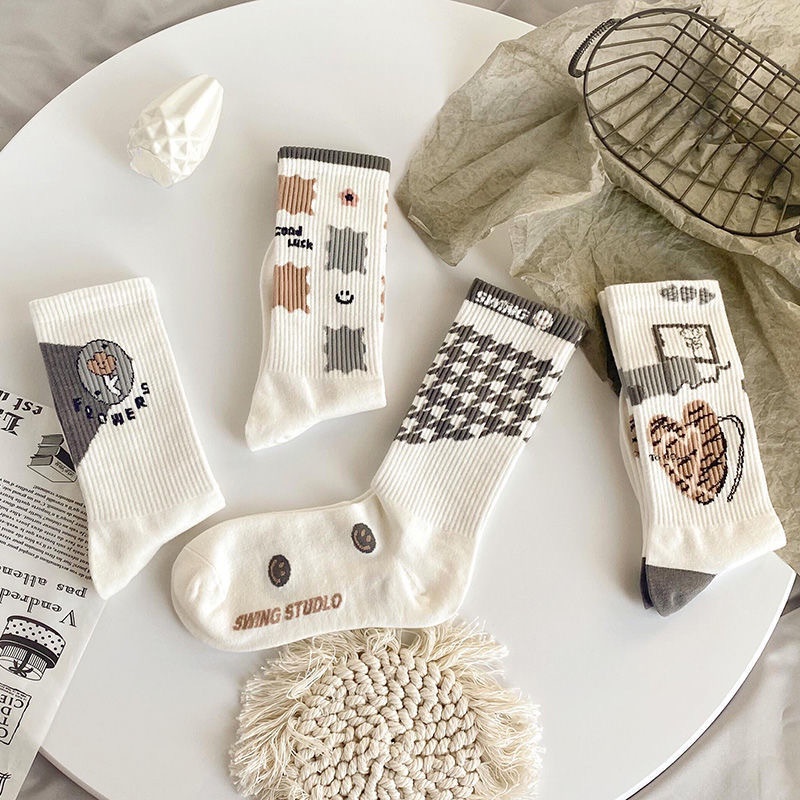 Tất Vớ Nữ Cổ Cao Loại Dày Cotton Mịn Hình khối Phong Cách Nhật Bản - Mã D2R13