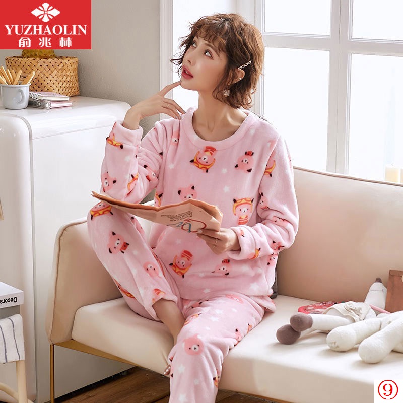 Bộ Đồ Ngủ Tay Dài Vải Lông Cừu San Hô Dày Ấm Áp Dễ Thương Thời Trang Thu Đông Cho Bạn Gái