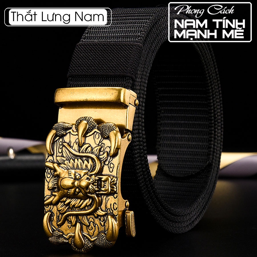 Thắt lưng nam vải dù chỉnh dây tự động khóa kim loại mạ vàng hình rồng-bầy sói-chim ó-dây 115 cm bền đẹp