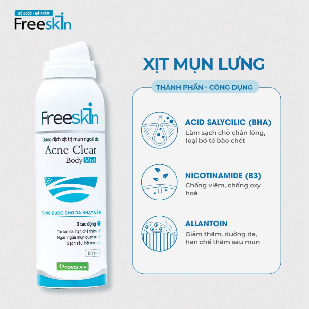 Combo 2 xịt mụn lưng, viêm nang lông, dày sừng nang lông, viêm da Novocare - Freeskin, sạch mụn, mờ thâm, sáng da 80ml