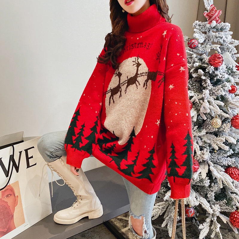 Áo Sweater Dệt Kim Cổ Lọ Lót Lông Cừu Màu Đỏ Giáng Sinh Hàn Quốc Dễ Phối Đồ Thời Trang Thu Đông Cho Nữ