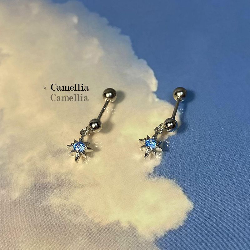 Khuyên Tai Đính Đá Hình Ngôi Sao Nhỏ Màu Xanh Dương Sáng Bóng ~ Bằng Bạc sterling Cá Tính Khi Ngủ