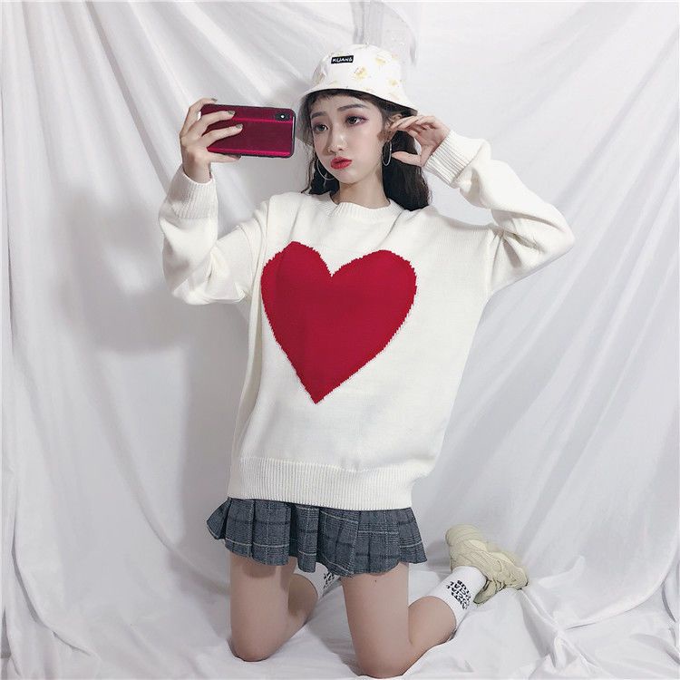 Áo Sweater Dệt Kim Dáng Rộng In Hình Trái Tim Phong Cách Thời Trang Mới Cho Nữ