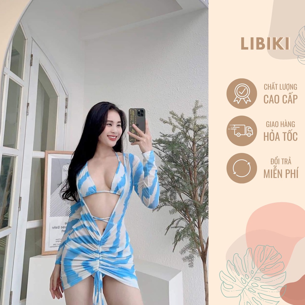 Set bikini 3 mảnh sọc xanh dương dài tay liền váy díp