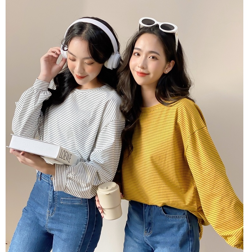 Áo phông cổ tròn kẻ ngang dài tay LYRA, chất len hạt áo pull cổ tròn form rộng unisex trẻ trung, xinh xắn-VXYAP0169