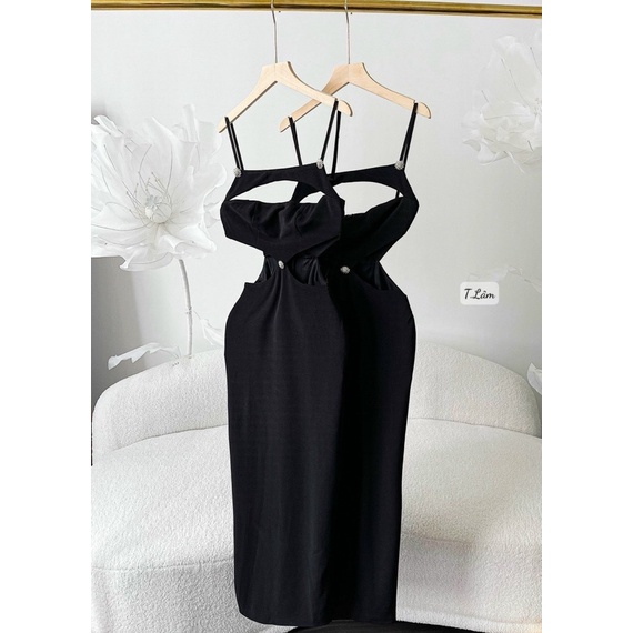 Đầm body hai dây khoét eo đính tag đá sexy