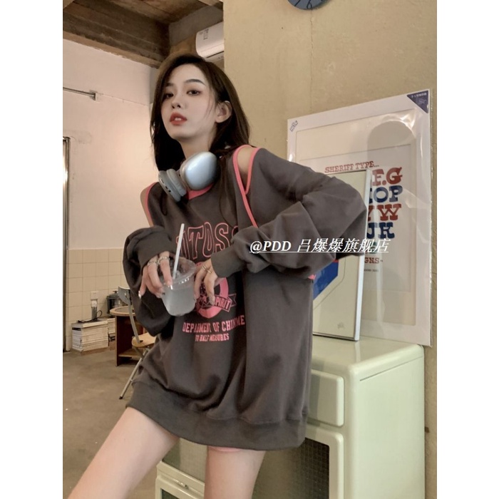 Áo Hoodie Lửng Dáng Rộng Hở Vai Màu Tương Phản Thời Trang Mùa Thu 2022 Mới Cho Nữ