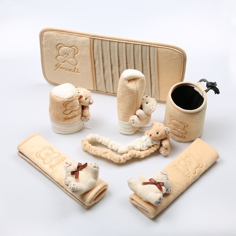 SET BỌC SEATBELT + PHANH TAY + CẦN SỐ + VÍ GẮN KÍNH CHE NẮNG XE Ô TÔ HÌNH GẤU DỄ THƯƠNG