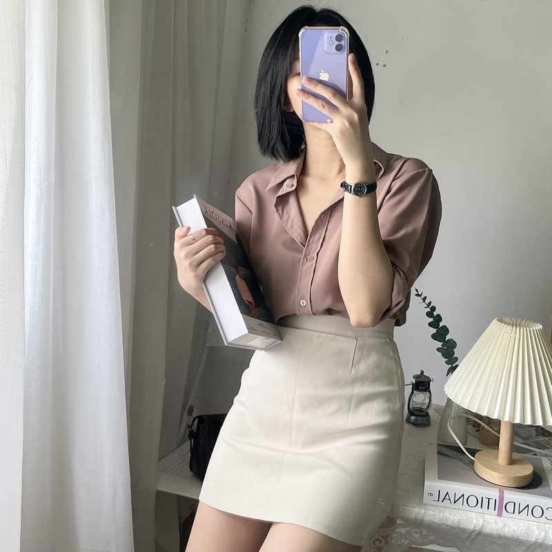 Áo sơ mi nữ màu nâu tây tay dài công sở form rộng kiểu Hàn Quốc mã AV02
