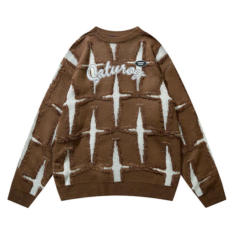 Áo Sweater Dệt Kim Cổ Tròn Thêu Chữ Và Ngôi Sao Kiểu Retro Mỹ Thời Trang Thu Đông Cho Nam Và Nữ