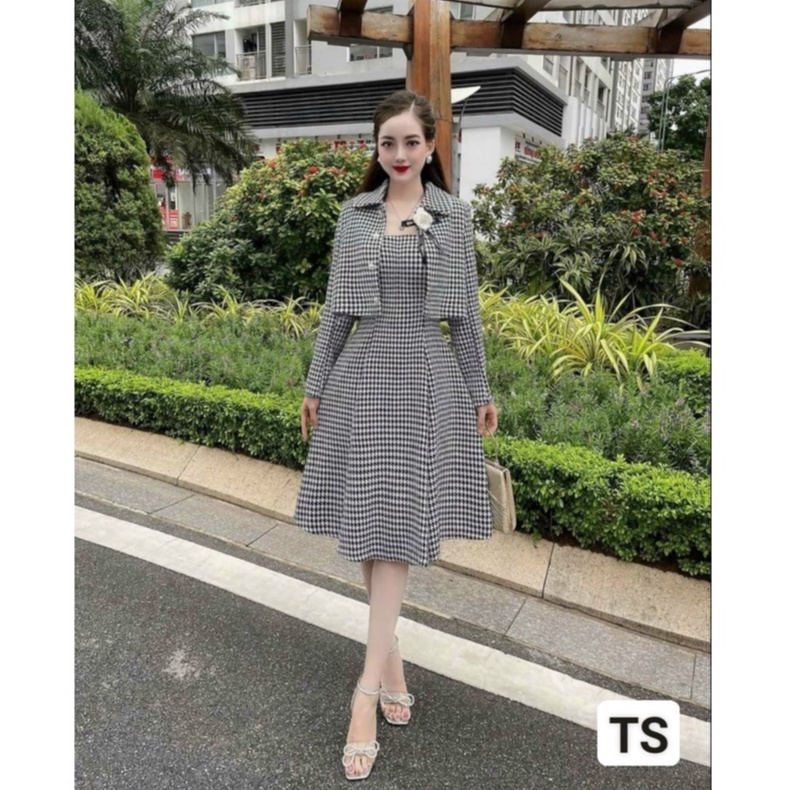 Sét đầm caro nữ 2 dây from dài dáng xòe sang chảnh kèm áo khoác ngoài, hàng thiết kế