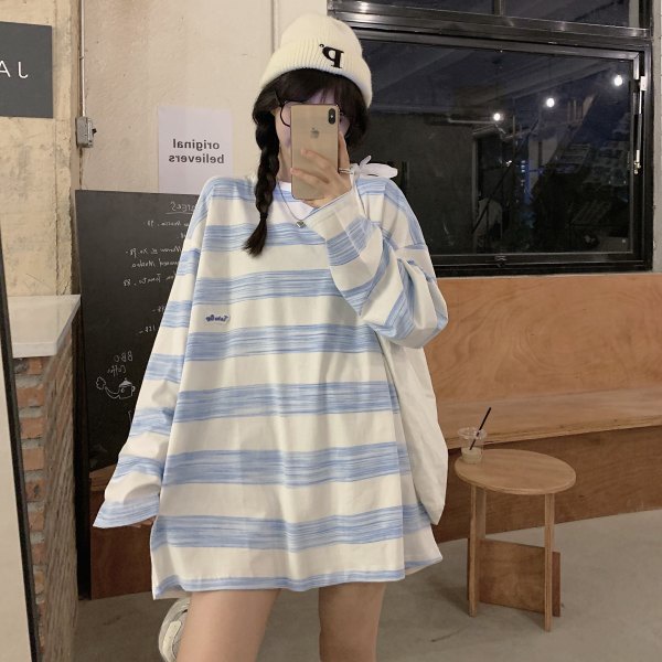 Áo sweater XINLANYASHE dáng rộng họa tiết kẻ sọc thời trang Hàn Quốc mới dành cho bạn nữ