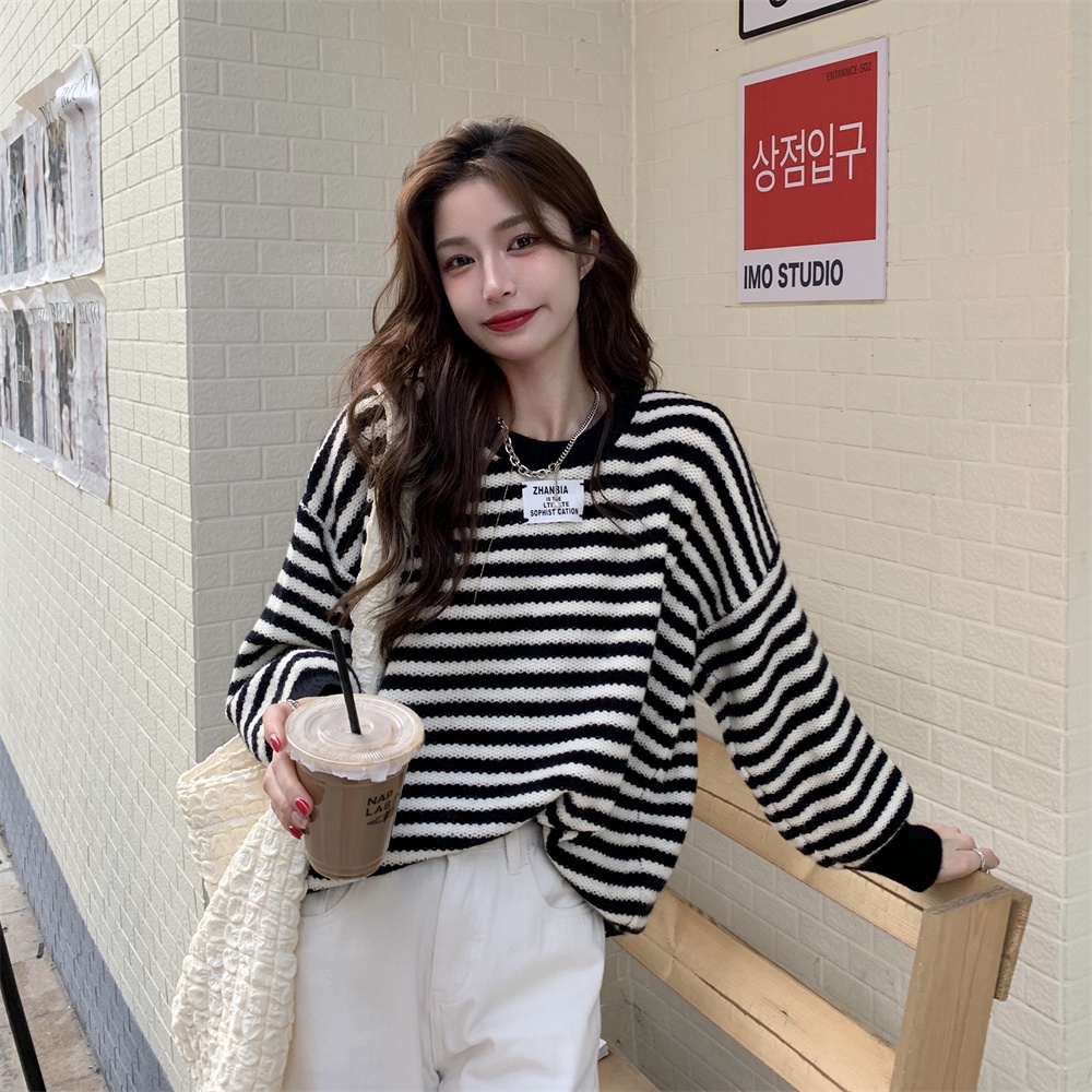 ZHELIHANGFEI Áo Len Tay Dài Form Rộng Họa Tiết Sọc Theo Phong Cách Phương Tây Dễ Phối Đồ