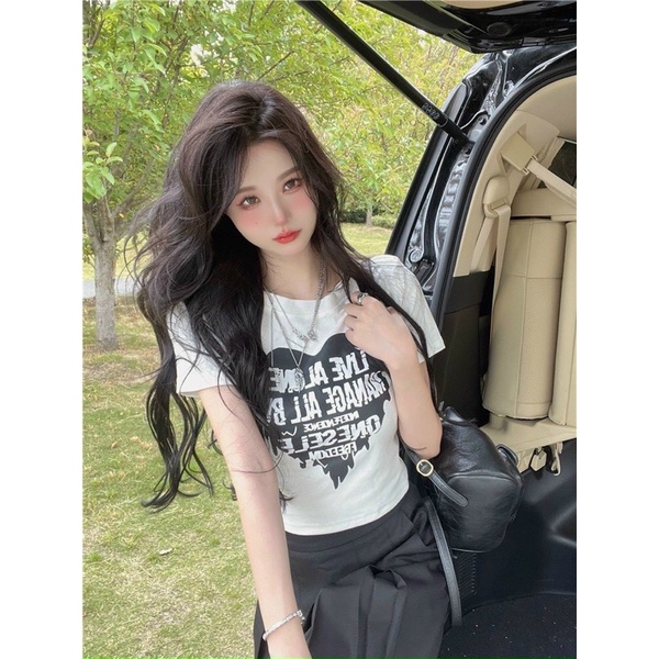 Áo croptop nữ ôm body cổ tròn tay ngắn phong cách hàn quốc in hoạ tiết trái tim lửa